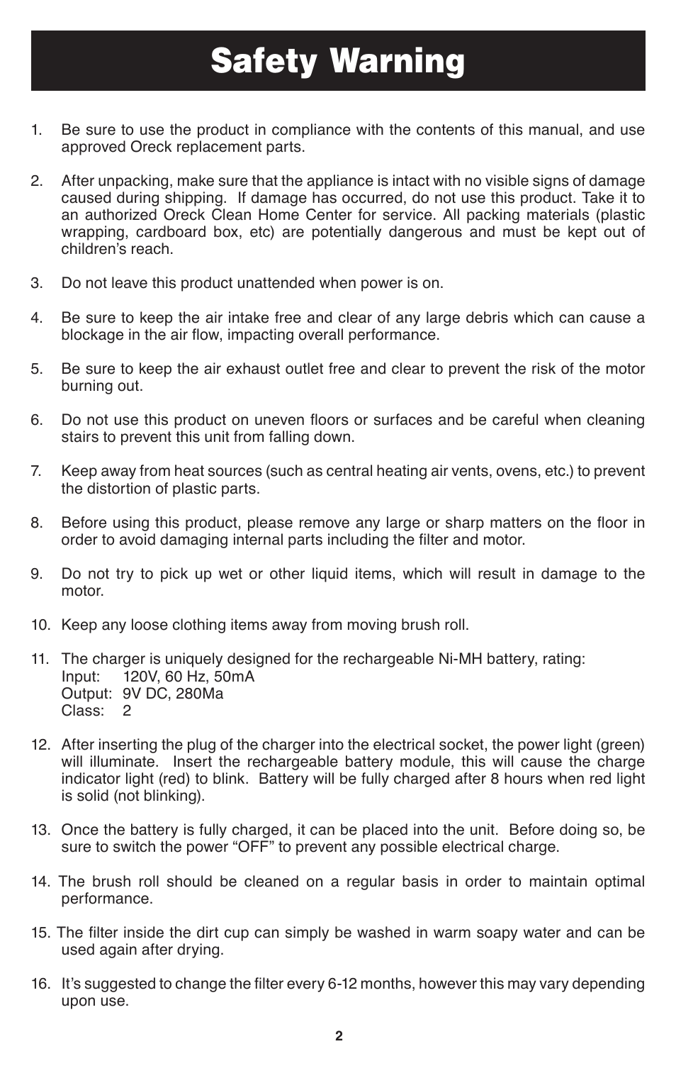 Safety warning | Oreck SPEED SWEEP TEK 100 User Manual | Page 3 / 12