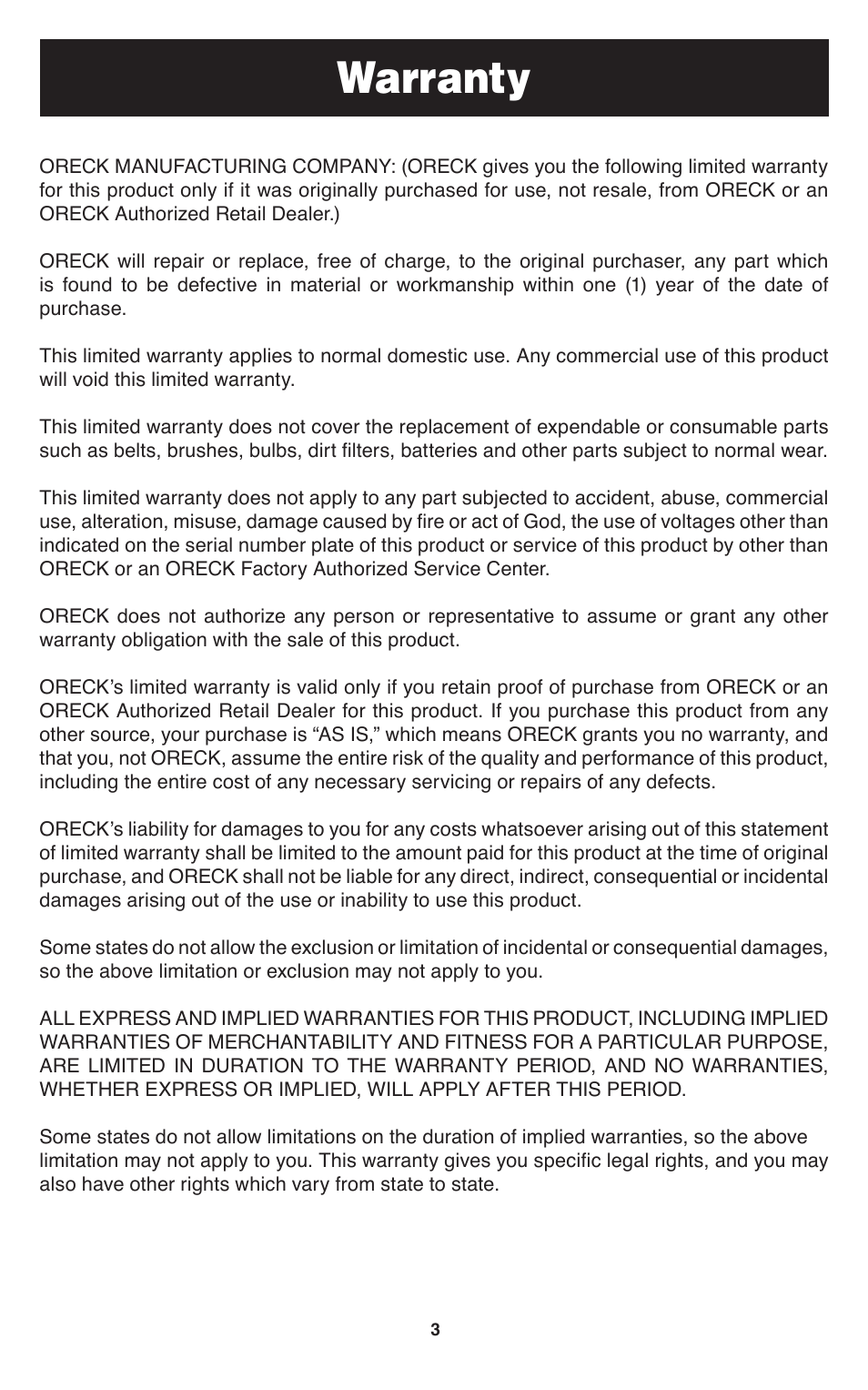 Warranty | Oreck SPEED SWEEP TEK 100 User Manual | Page 4 / 12