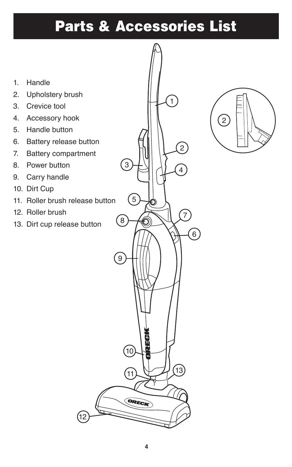 Parts & accessories list | Oreck SPEED SWEEP TEK 100 User Manual | Page 5 / 12
