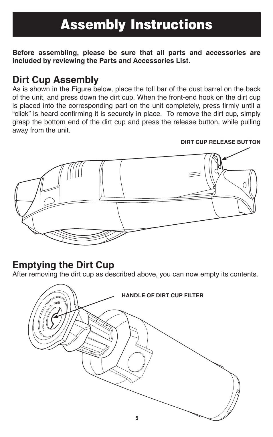 Assembly instructions, Dirt cup assembly, Emptying the dirt cup | Oreck SPEED SWEEP TEK 100 User Manual | Page 6 / 12
