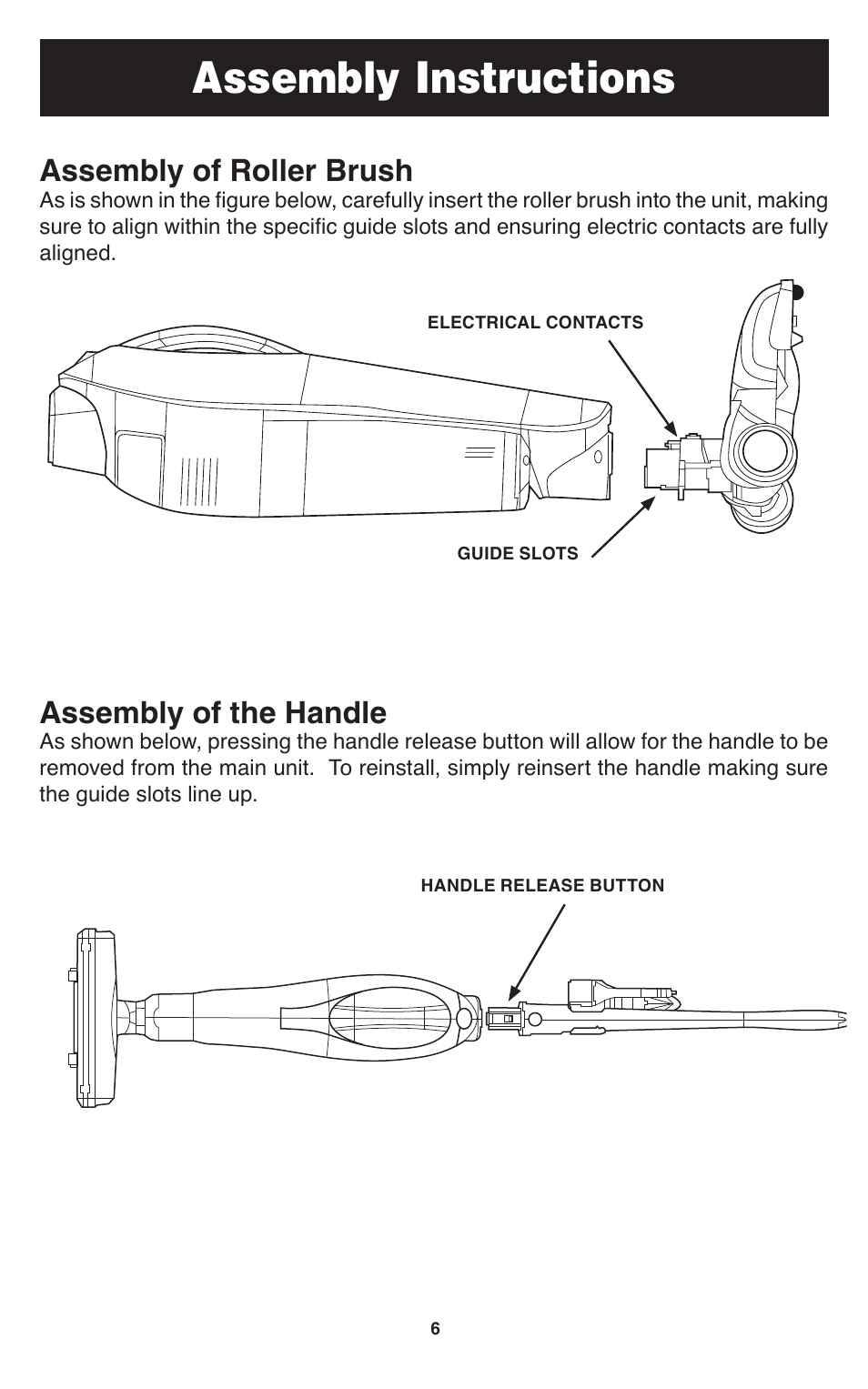 Assembly instructions, Assembly of roller brush, Assembly of the handle | Oreck SPEED SWEEP TEK 100 User Manual | Page 7 / 12