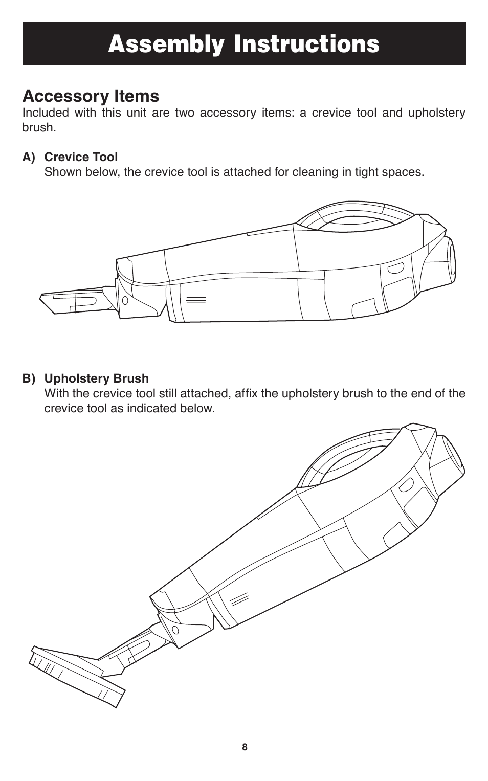 Assembly instructions, Accessory items | Oreck SPEED SWEEP TEK 100 User Manual | Page 9 / 12