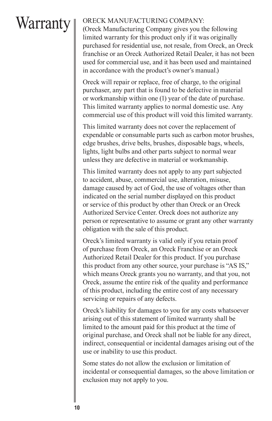Warranty | Oreck Little Helper Vac CC1000 User Manual | Page 10 / 12
