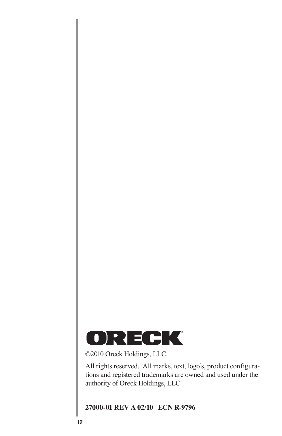 Oreck Little Helper Vac CC1000 User Manual | Page 12 / 12