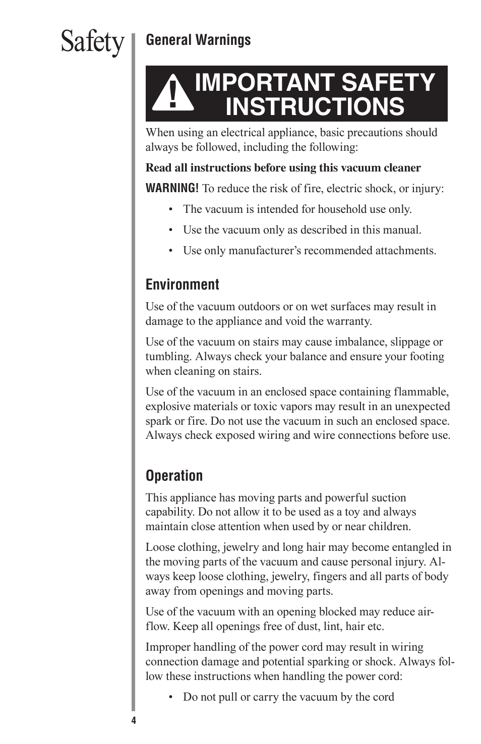 Safety, Important safety instructions | Oreck Little Helper Vac CC1000 User Manual | Page 4 / 12