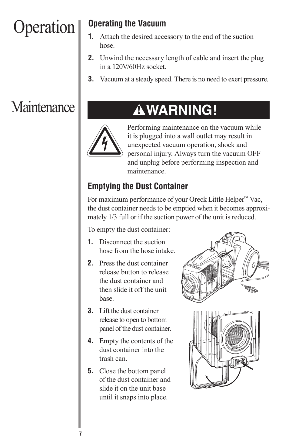 Operation, Maintenance, Warning | Oreck Little Helper Vac CC1000 User Manual | Page 7 / 12