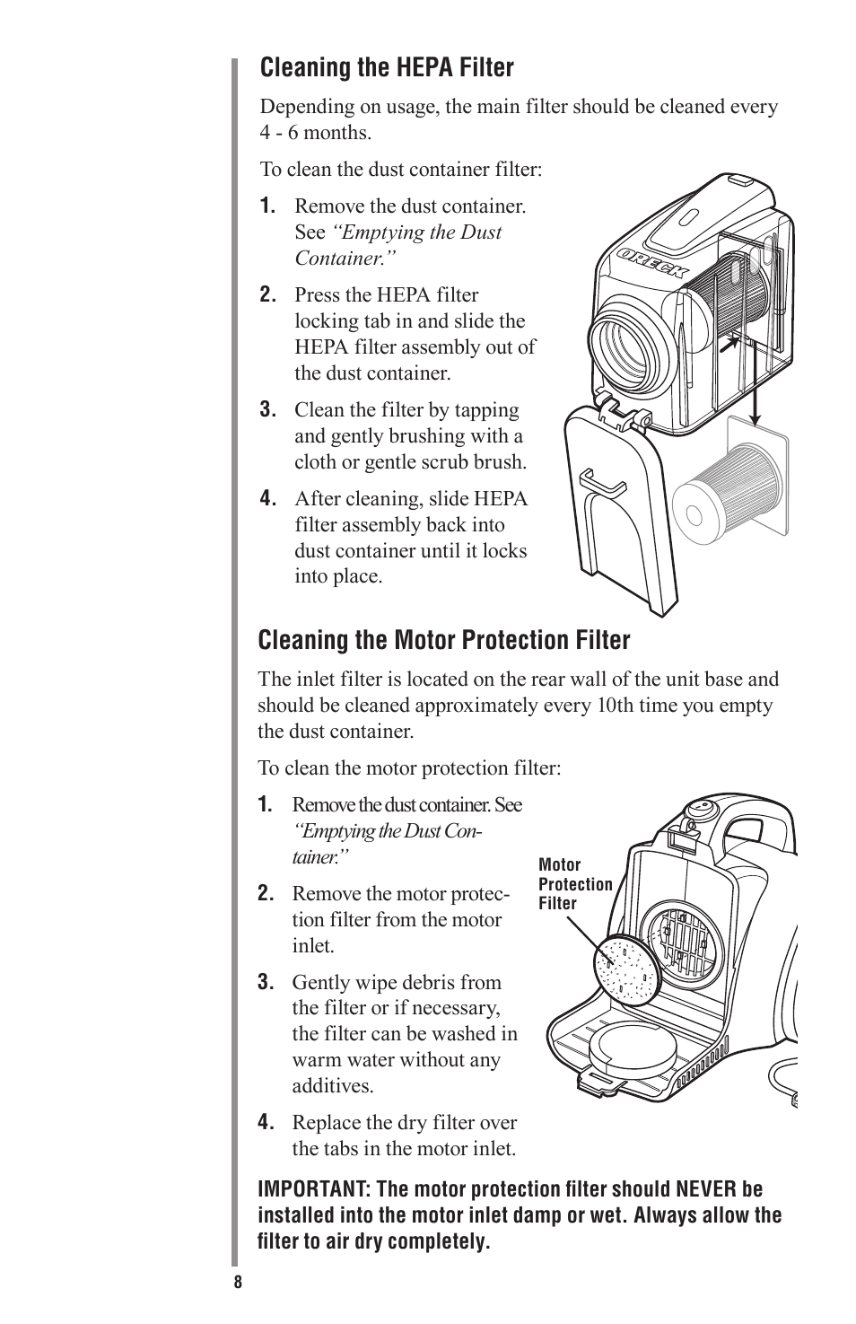 Cleaning the motor protection filter, Cleaning the hepa filter | Oreck Little Helper Vac CC1000 User Manual | Page 8 / 12