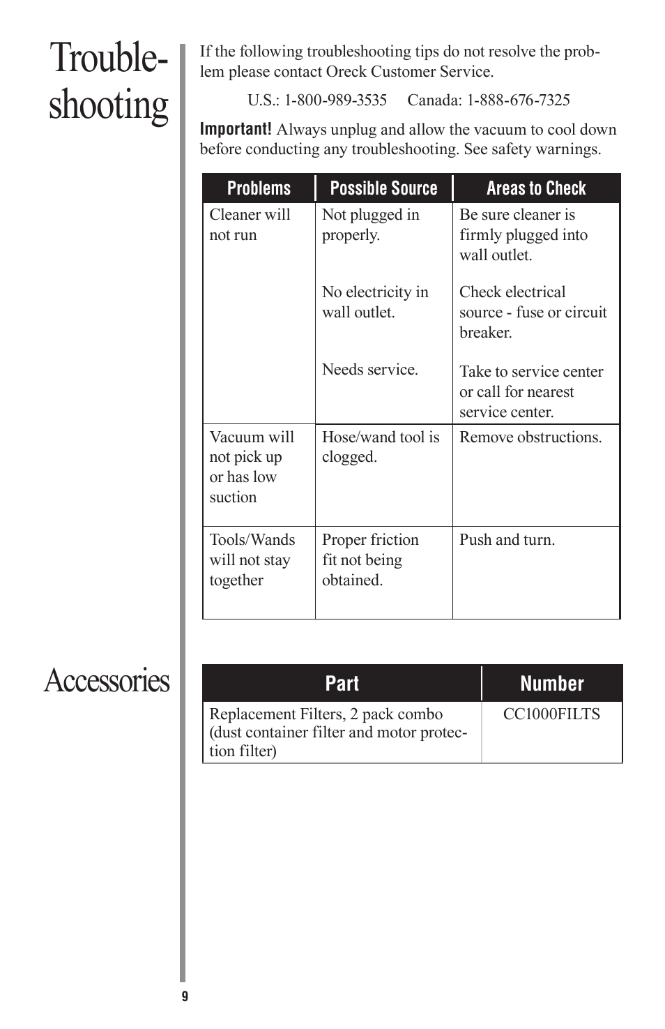 Trouble- shooting, Accessories | Oreck Little Helper Vac CC1000 User Manual | Page 9 / 12