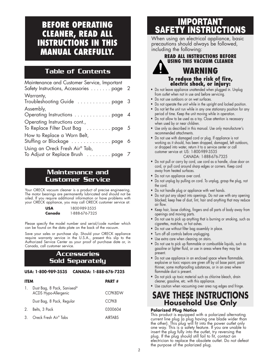 Important safety instructions, Save these instructions, Warning | Able of, Ontents, Aintenance and, Ustomer, Ervice, Ccessories sold separately, Household use only | Oreck XL U2200RD User Manual | Page 2 / 8