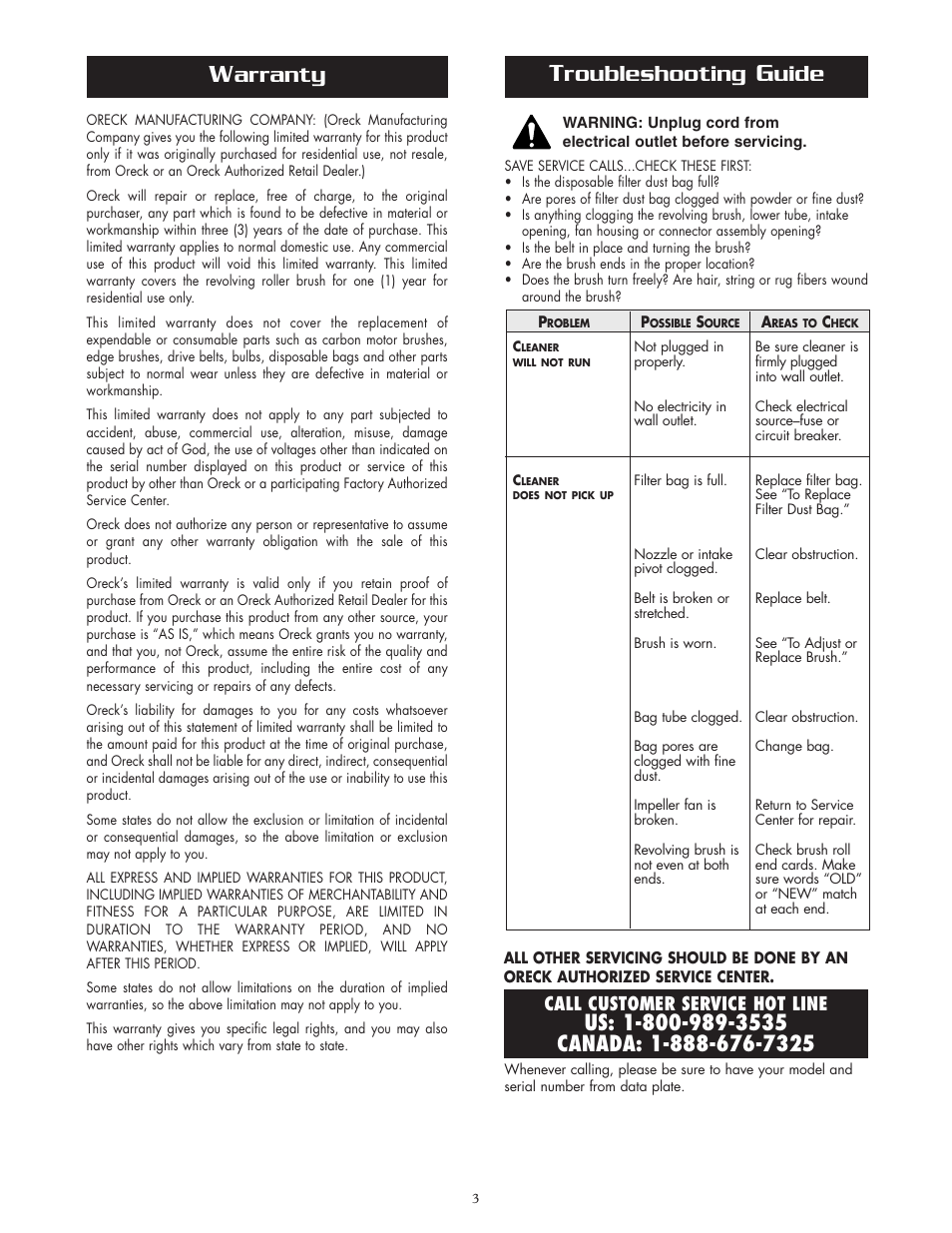 Arranty, Roubleshooting, Uide | Oreck XL U2200RD User Manual | Page 3 / 8