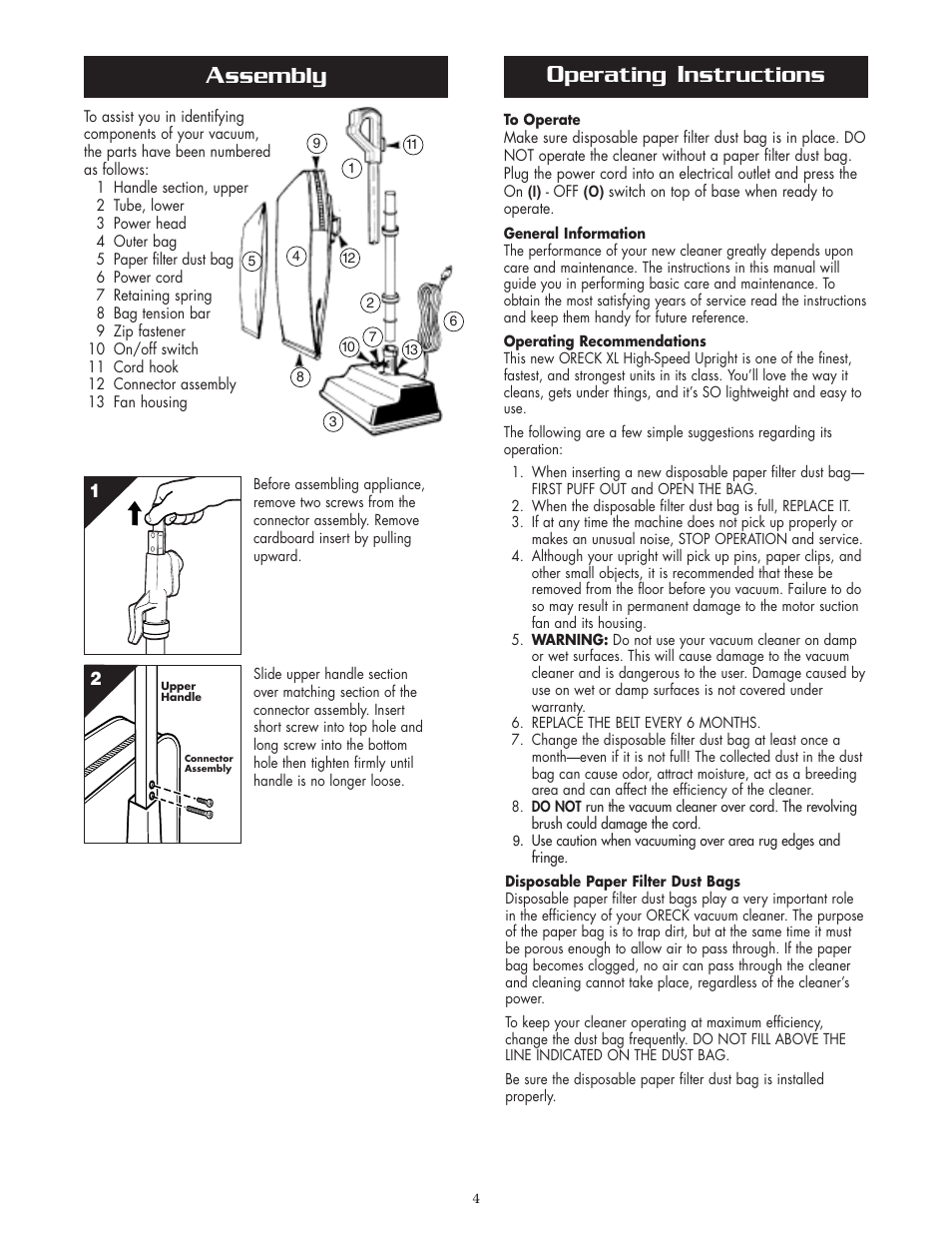 Perating, Nstructions, Ssembly | Oreck XL U2200RD User Manual | Page 4 / 8