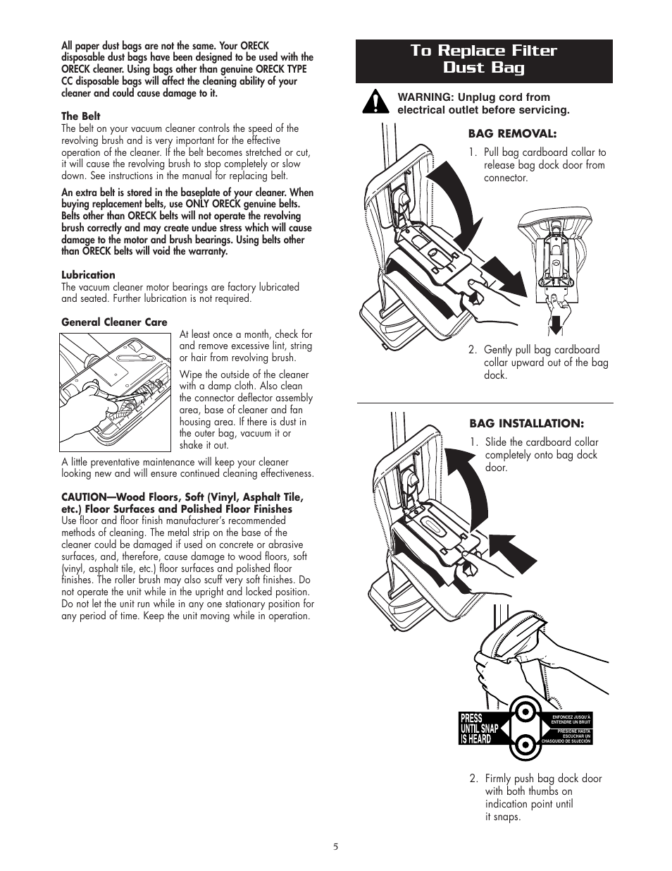 Eplace, Ilter | Oreck XL U2200RD User Manual | Page 5 / 8