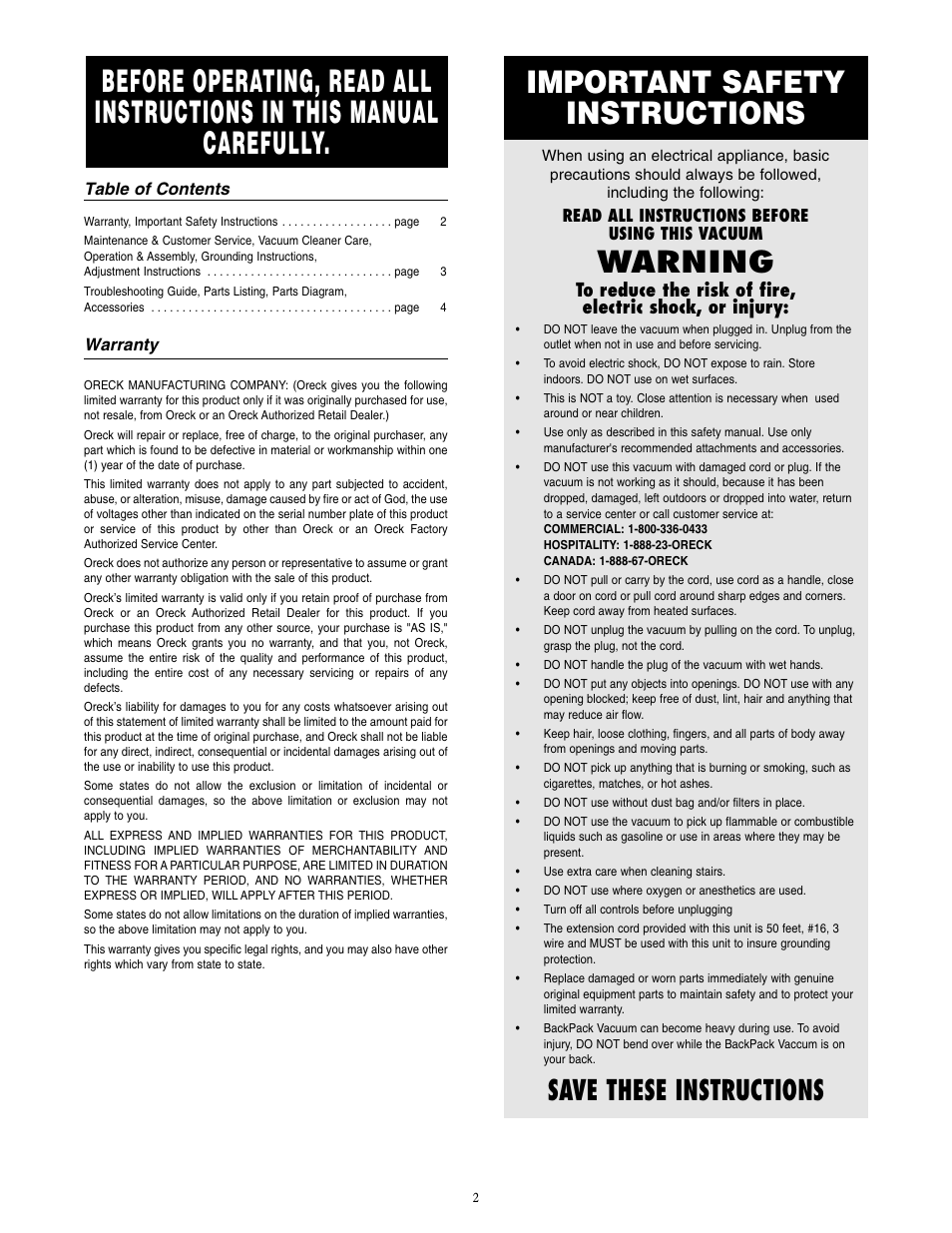 Important safety instructions, Warning, Save these instructions | Oreck XLPRO10A User Manual | Page 2 / 4