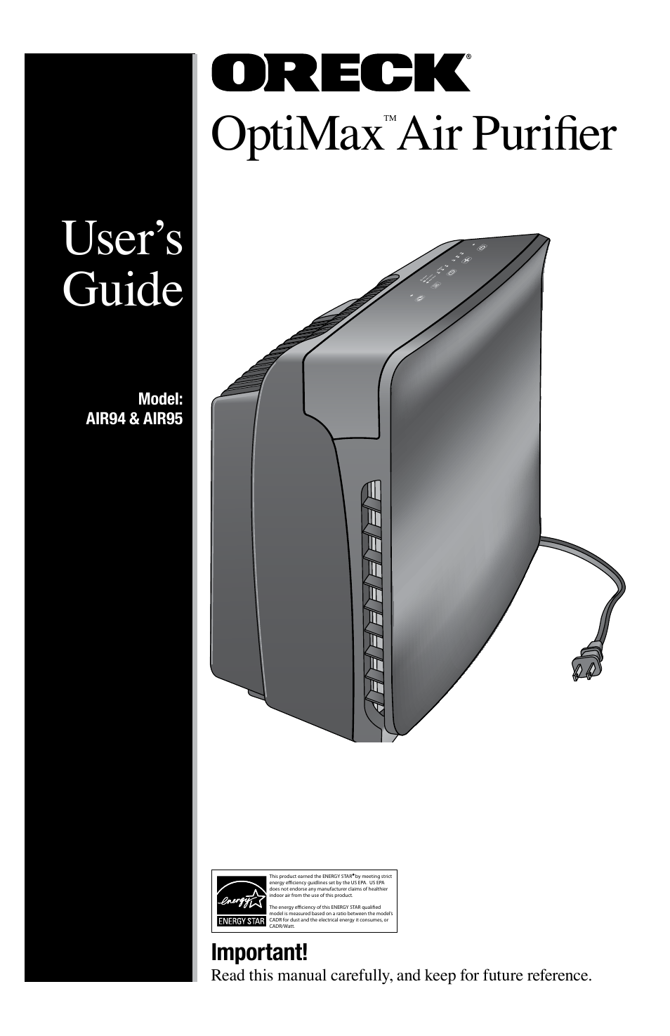 Oreck Optimax Small Room Air Purifier AIR94 User Manual | 36 pages
