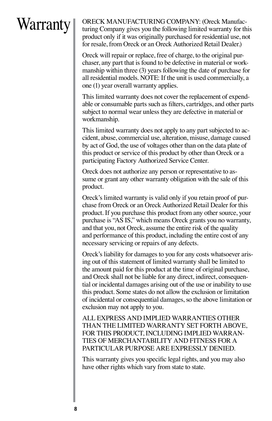 Warranty | Oreck Optimax Small Room Air Purifier AIR94 User Manual | Page 11 / 36