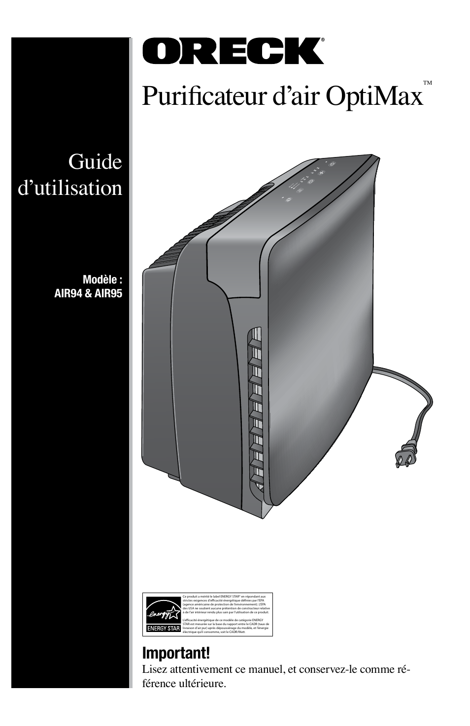 Purificateur d’air optimax, Guide d’utilisation, Important | Oreck Optimax Small Room Air Purifier AIR94 User Manual | Page 12 / 36