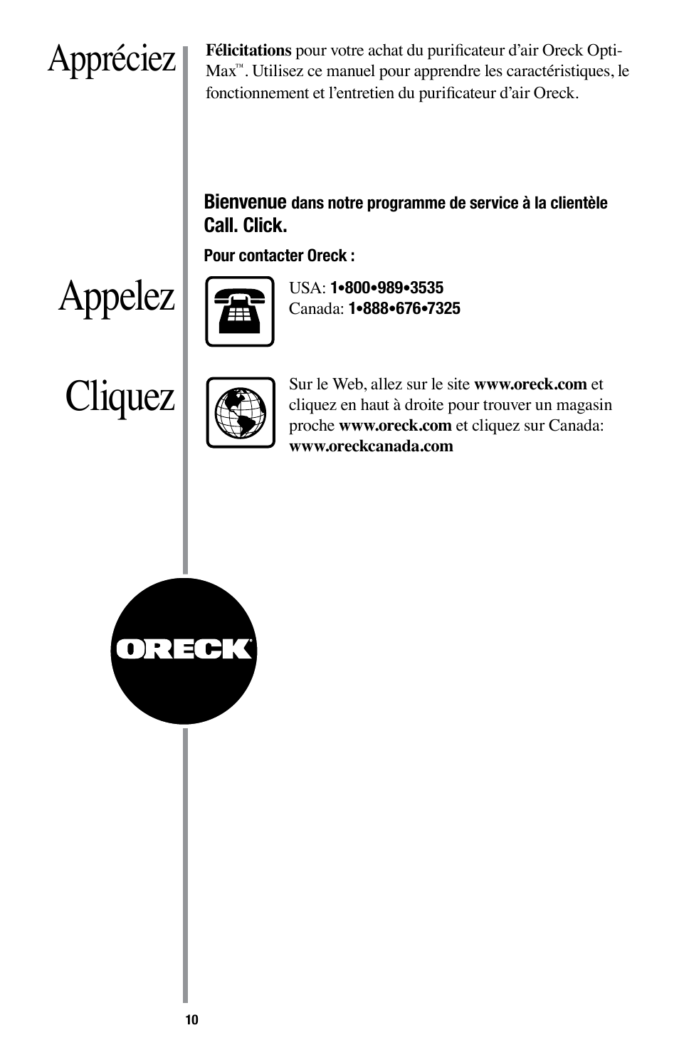 Cliquez appelez, Other oreck accessories available at, Appréciez | Oreck Optimax Small Room Air Purifier AIR94 User Manual | Page 13 / 36