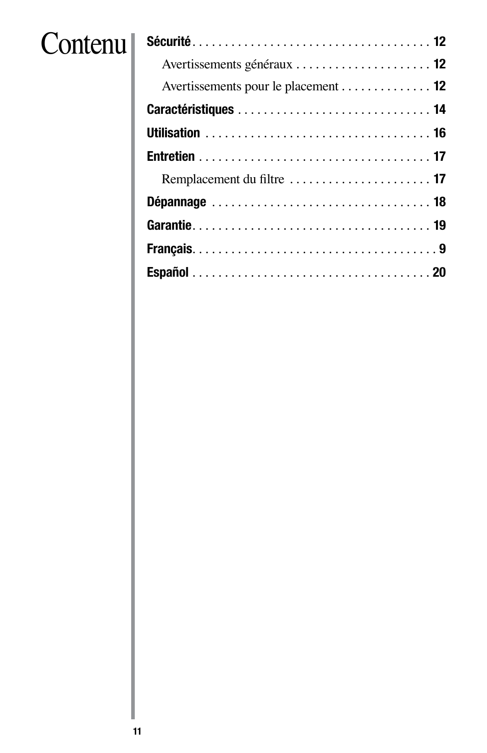 Contenu | Oreck Optimax Small Room Air Purifier AIR94 User Manual | Page 14 / 36
