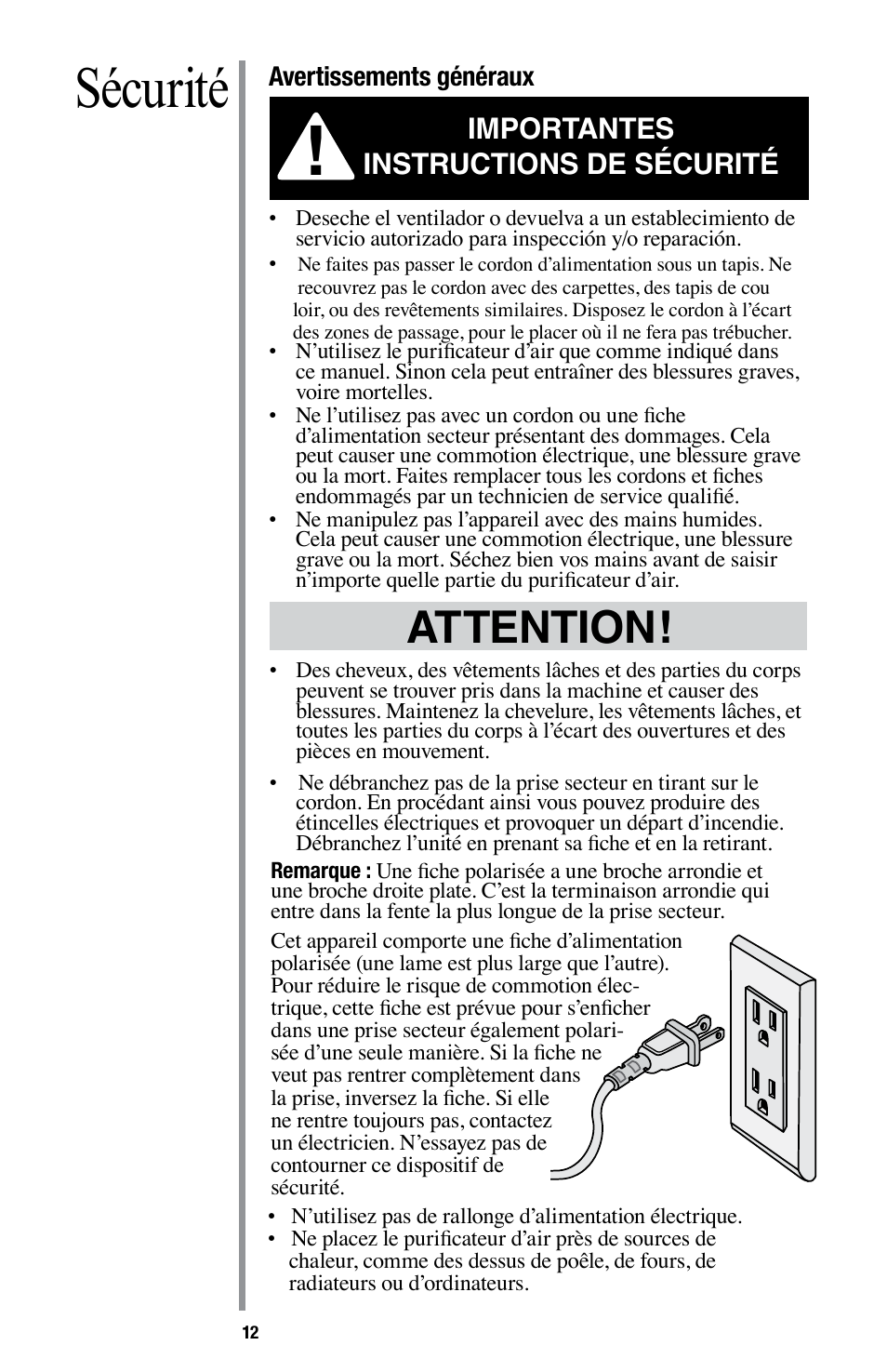 Sécurité, Attention, Importantes instructions de sécurité | Oreck Optimax Small Room Air Purifier AIR94 User Manual | Page 15 / 36