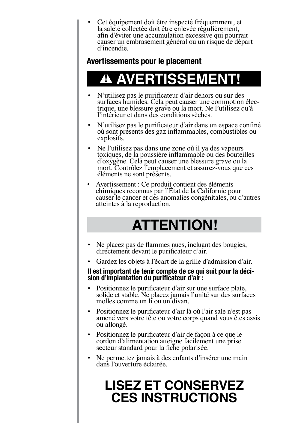 Avertissement, Attention, Lisez et conservez ces instructions | Oreck Optimax Small Room Air Purifier AIR94 User Manual | Page 16 / 36