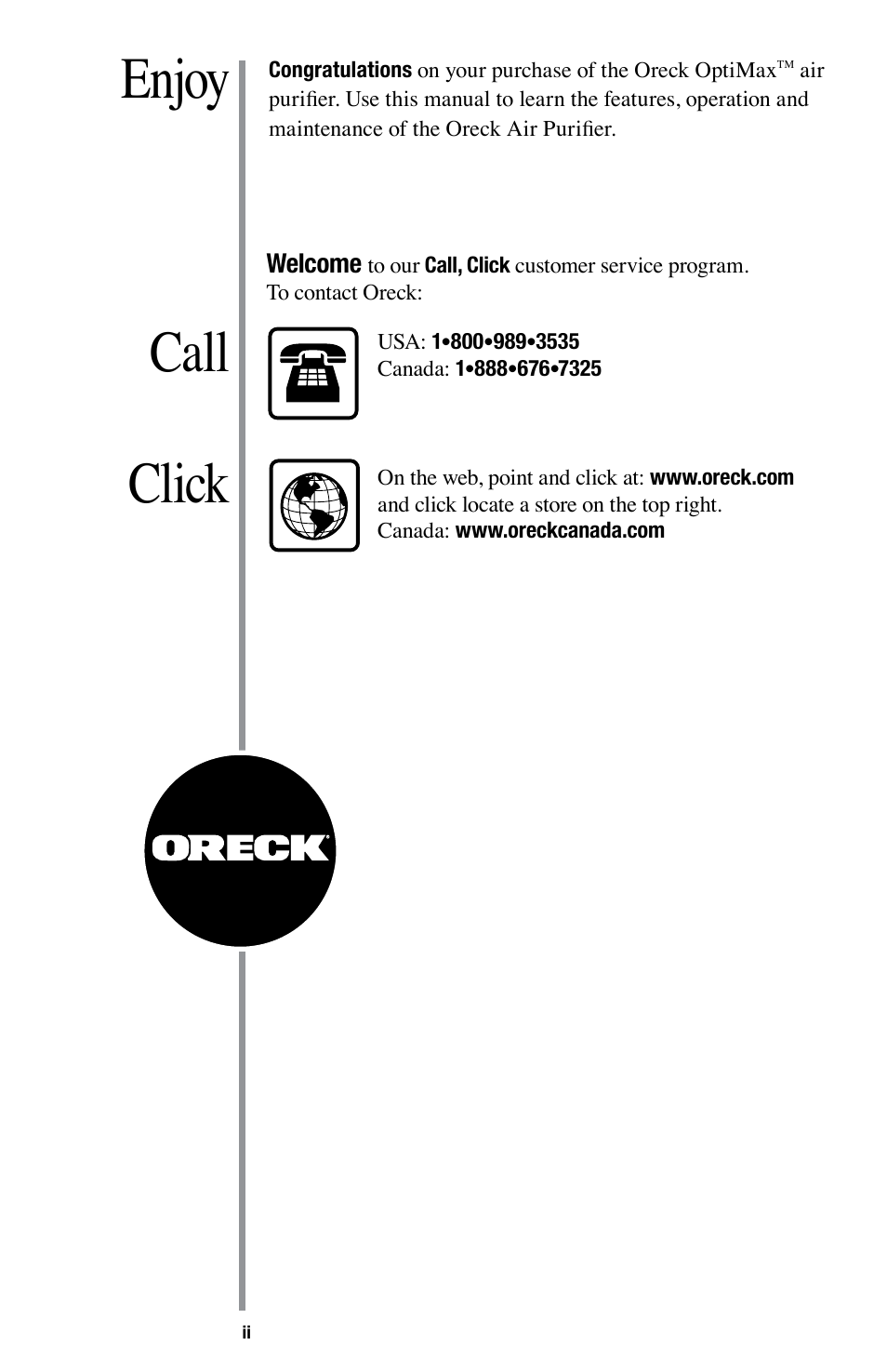 Enjoy click call, Other oreck accessories available at | Oreck Optimax Small Room Air Purifier AIR94 User Manual | Page 2 / 36