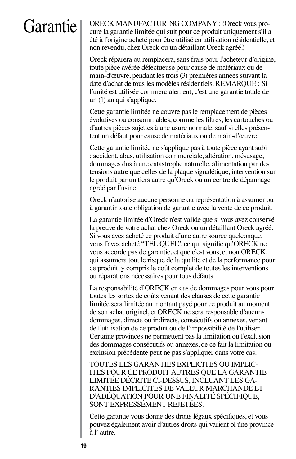 Garantie | Oreck Optimax Small Room Air Purifier AIR94 User Manual | Page 22 / 36