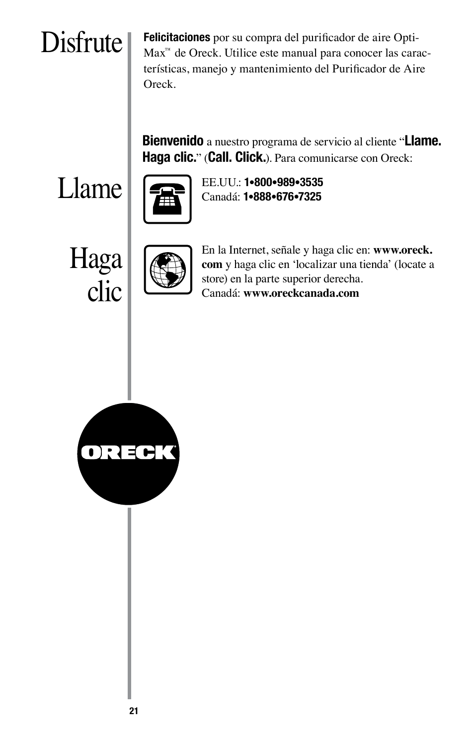 Disfrute haga clic llame, Other oreck accessories available at | Oreck Optimax Small Room Air Purifier AIR94 User Manual | Page 24 / 36
