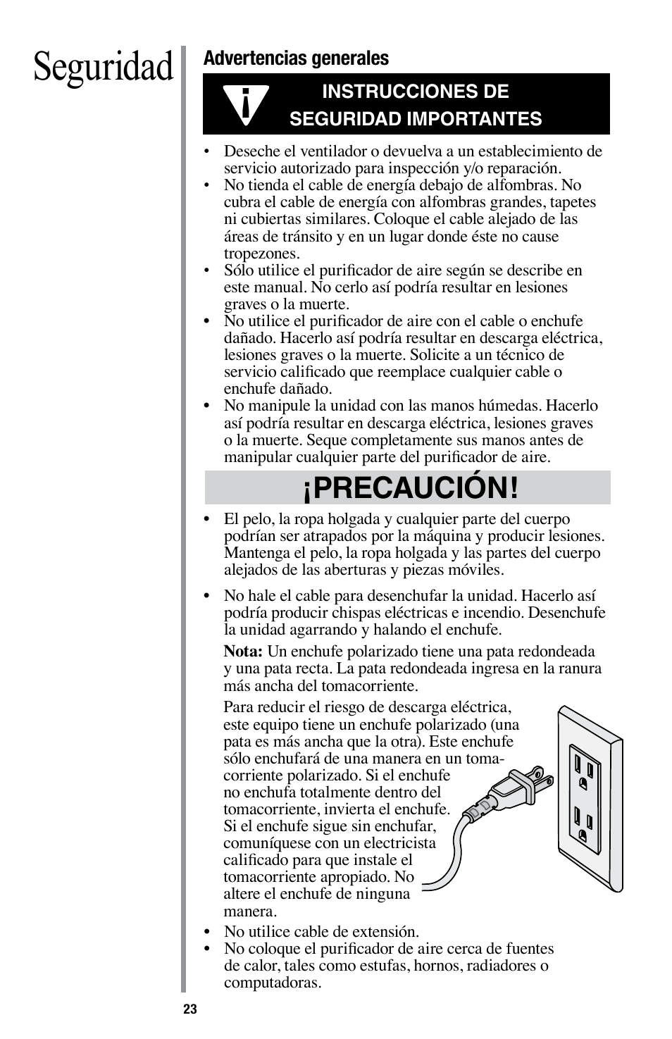 Seguridad, Precaución | Oreck Optimax Small Room Air Purifier AIR94 User Manual | Page 26 / 36