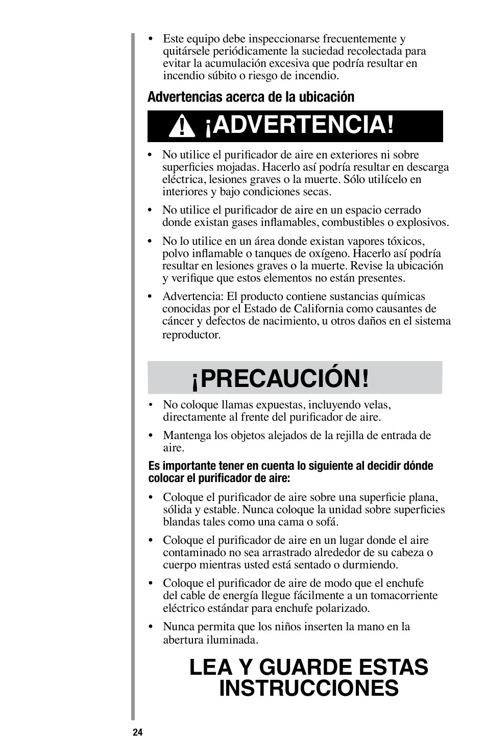 Advertencia, Precaución, Lea y guarde estas instrucciones | Oreck Optimax Small Room Air Purifier AIR94 User Manual | Page 27 / 36