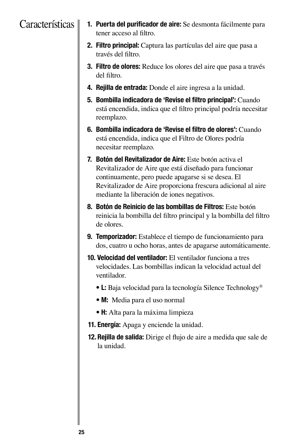 Características | Oreck Optimax Small Room Air Purifier AIR94 User Manual | Page 28 / 36