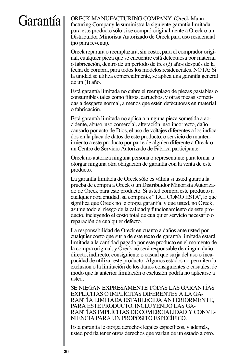 Garantía | Oreck Optimax Small Room Air Purifier AIR94 User Manual | Page 33 / 36
