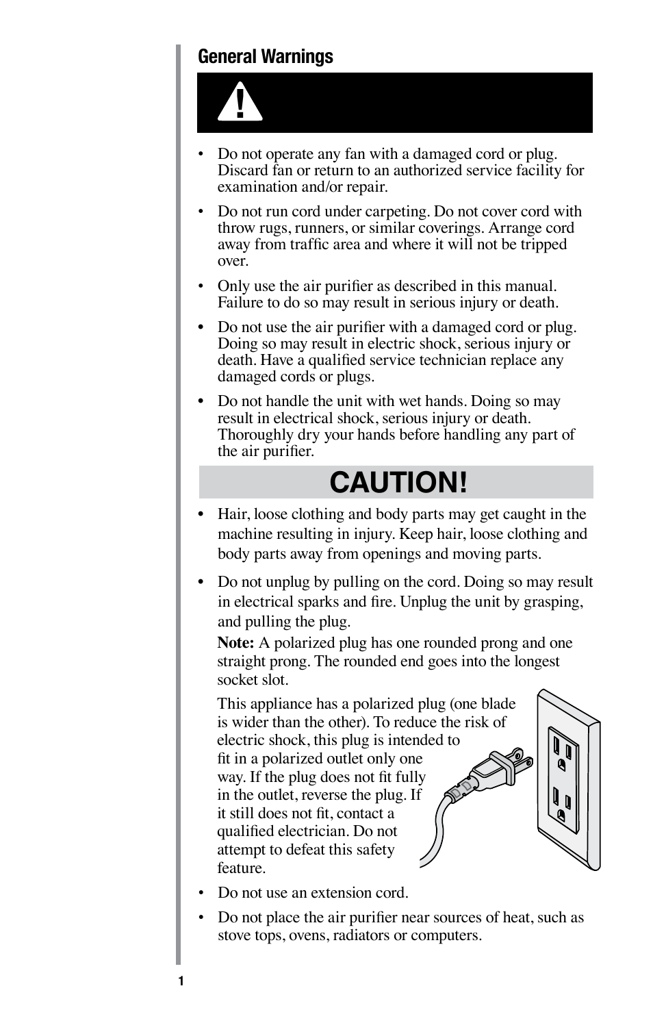 Caution | Oreck Optimax Small Room Air Purifier AIR94 User Manual | Page 4 / 36