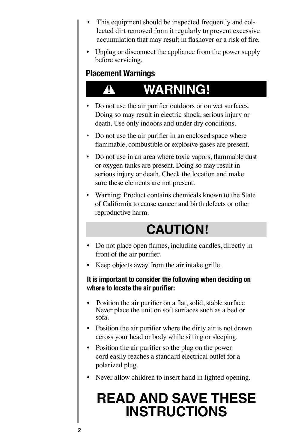 Read and save these instructions, Warning, Caution | Oreck Optimax Small Room Air Purifier AIR94 User Manual | Page 5 / 36