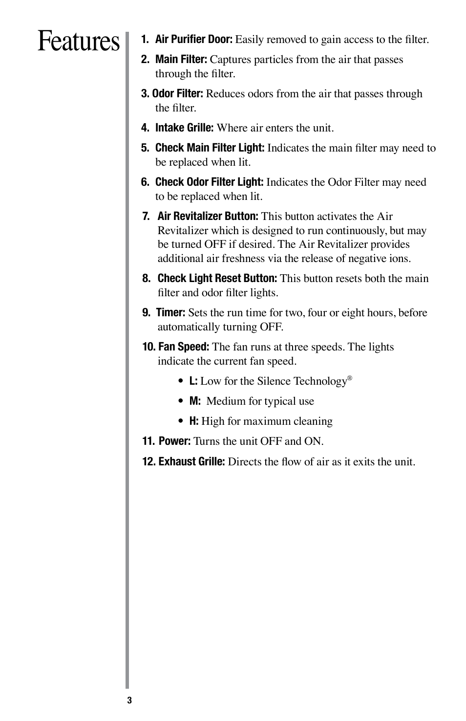 Features | Oreck Optimax Small Room Air Purifier AIR94 User Manual | Page 6 / 36