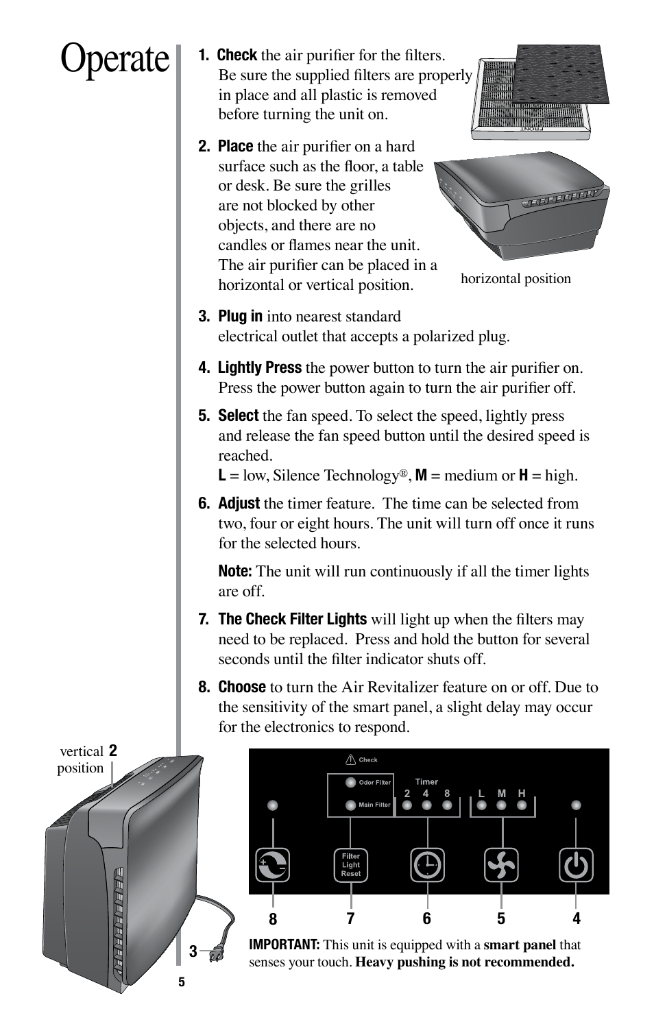 Operate | Oreck Optimax Small Room Air Purifier AIR94 User Manual | Page 8 / 36