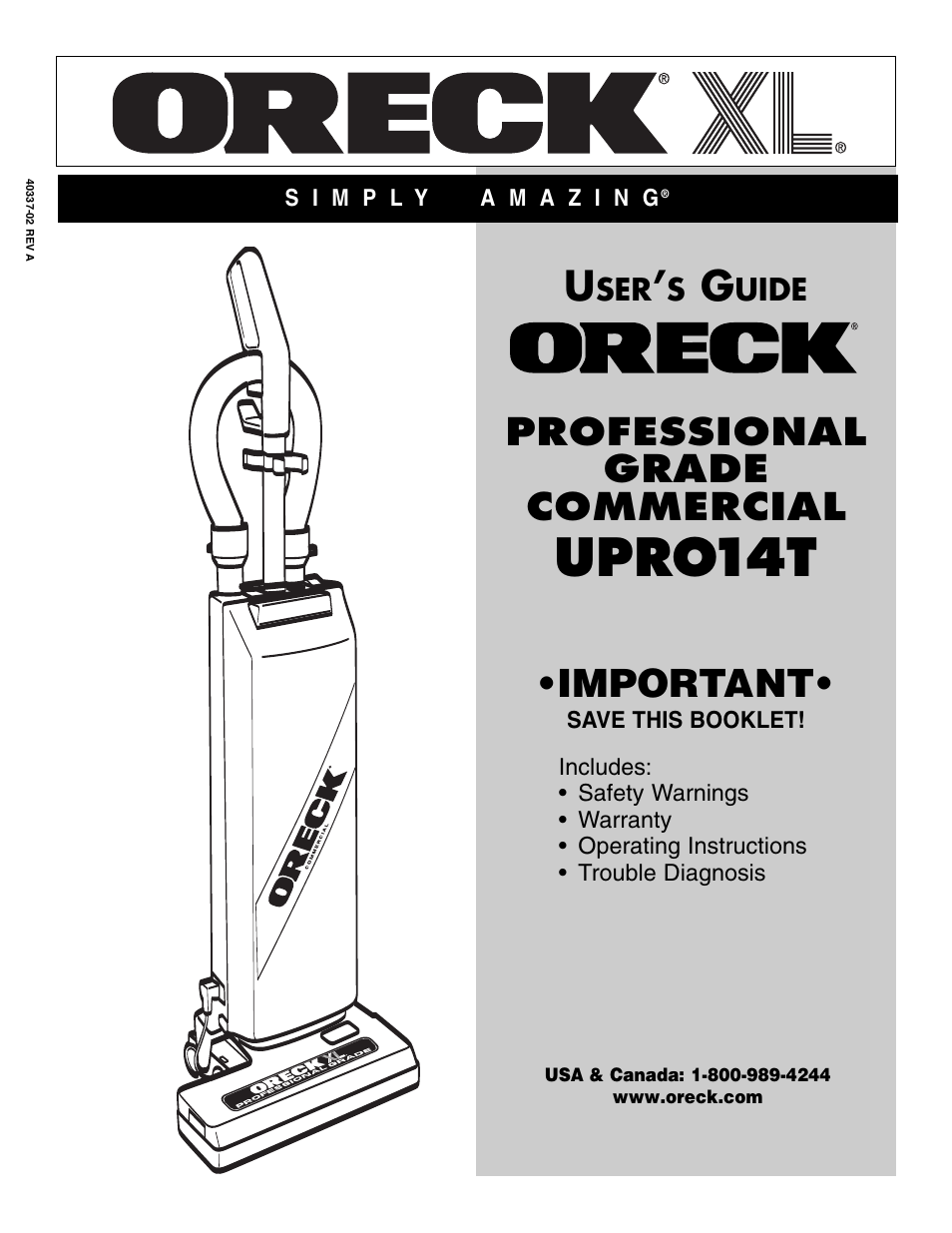 Oreck UPRO14T User Manual | 8 pages