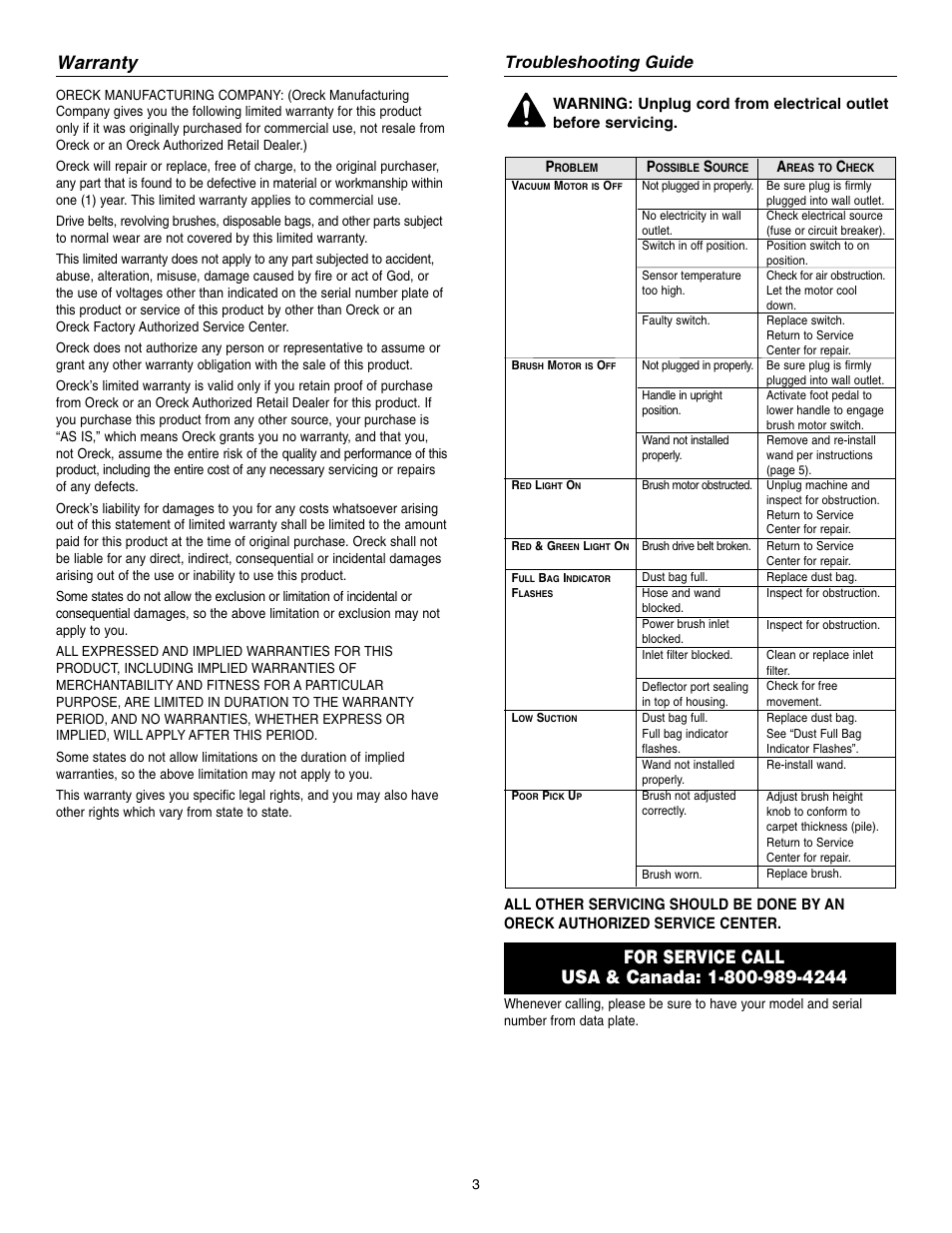 Warranty, Troubleshooting guide | Oreck UPRO14T User Manual | Page 3 / 8