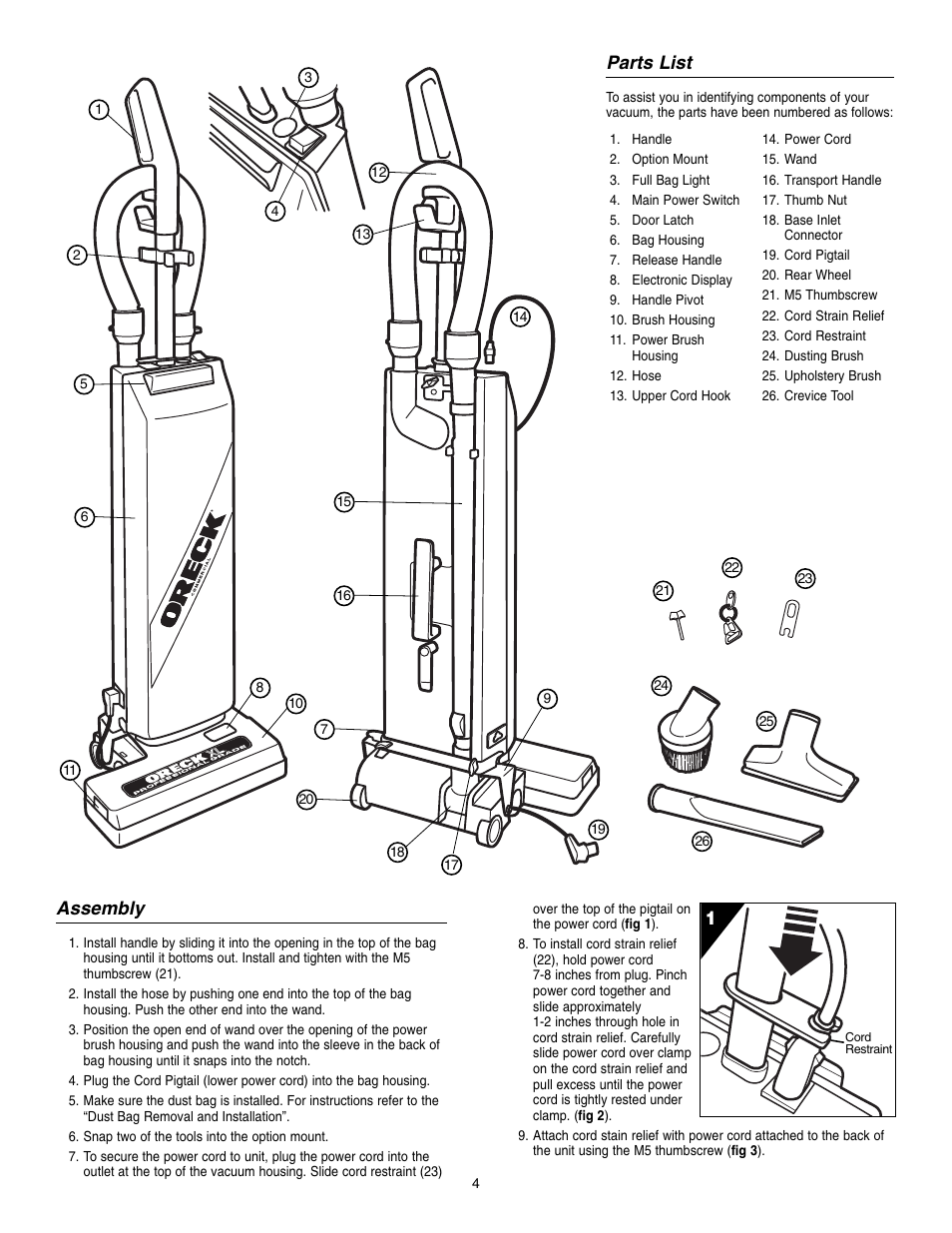 Assembly, Parts list | Oreck UPRO14T User Manual | Page 4 / 8
