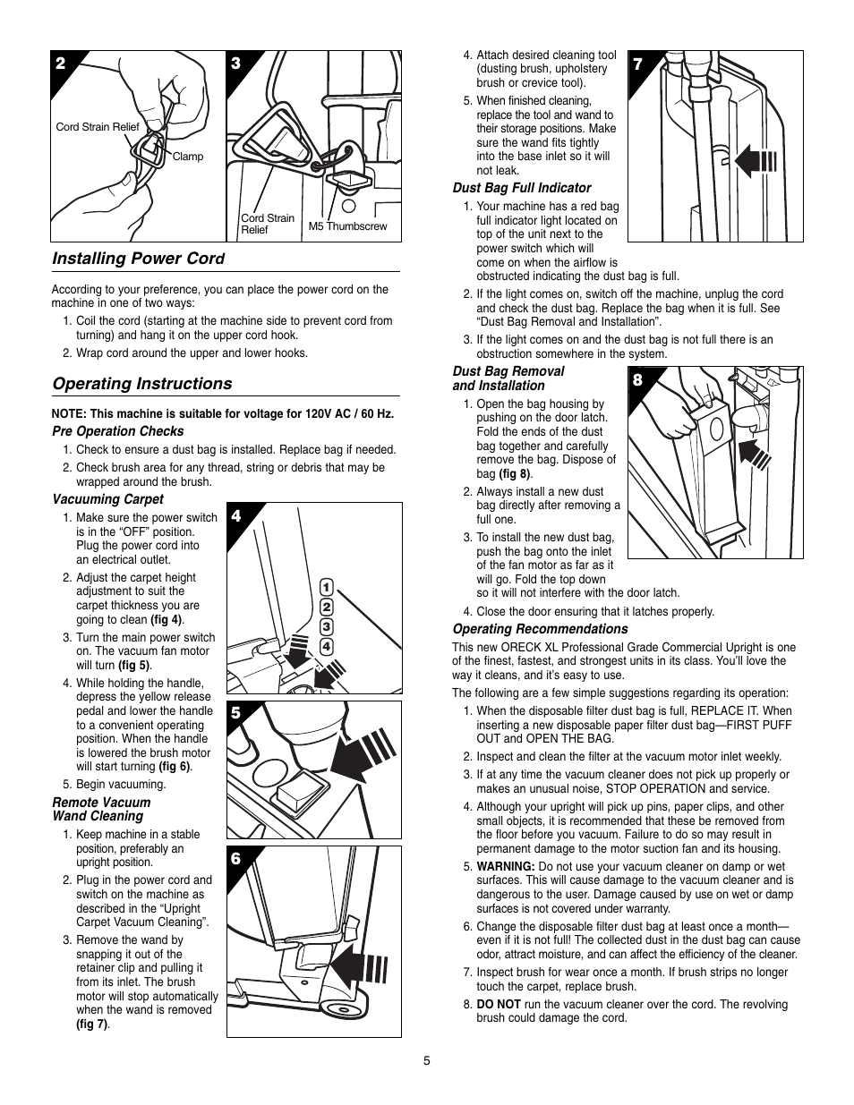 Installing power cor, Operating instructions | Oreck UPRO14T User Manual | Page 5 / 8