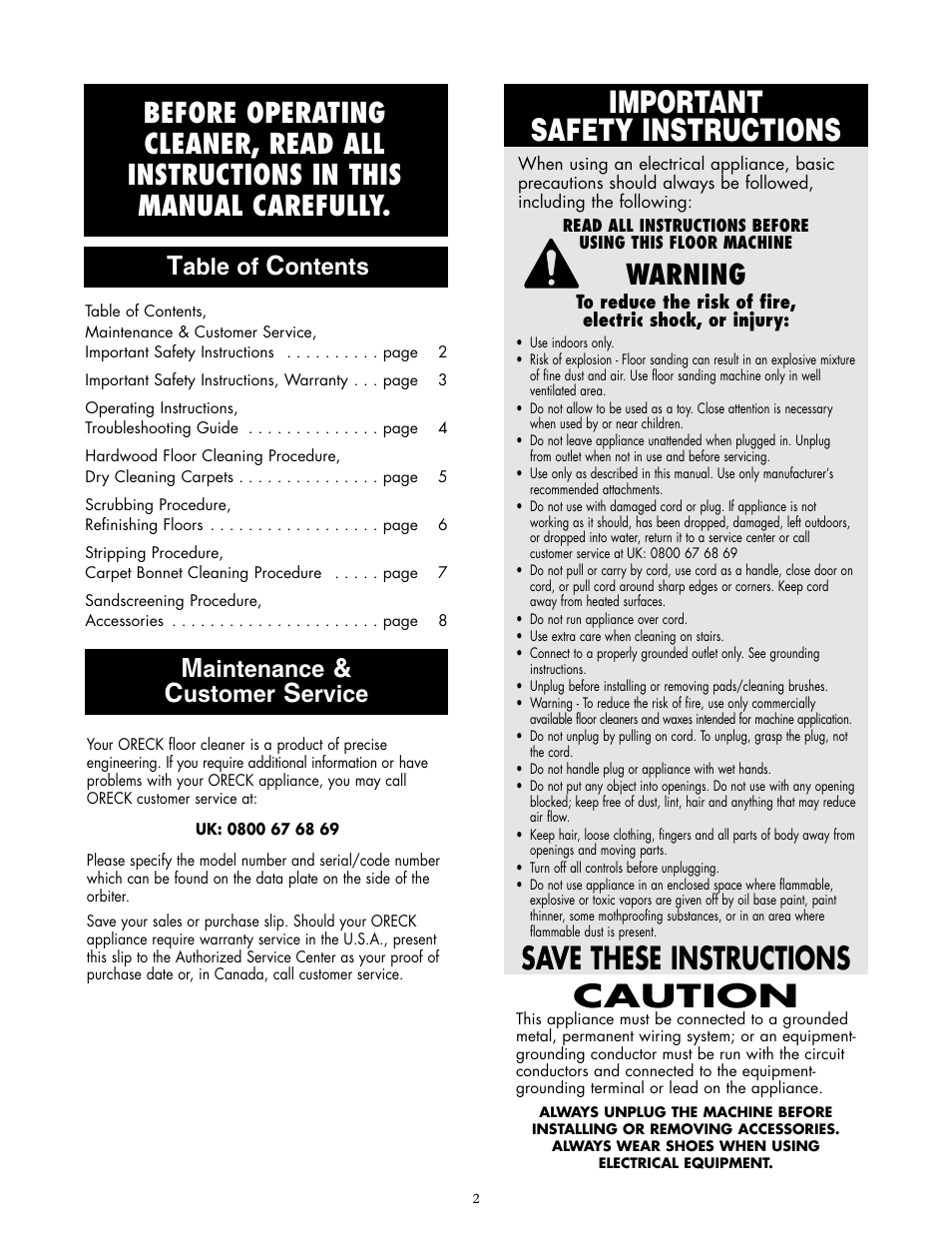 Important safety instructions, Caution, Save these instructions | Warning, Able of, Ontents, Aintenance, Ustomer, Ervice | Oreck ORB480 User Manual | Page 2 / 8