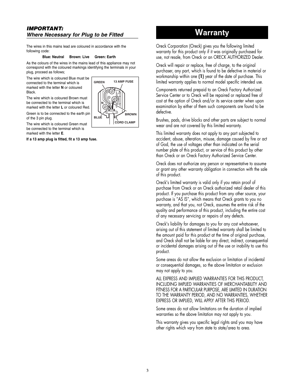 Arranty, Important: where necessary for plug to be fitted | Oreck ORB480 User Manual | Page 3 / 8