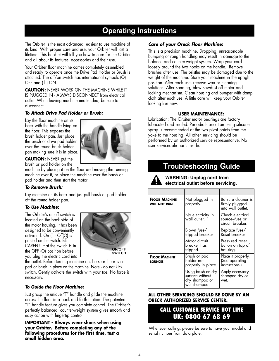 Perating, Nstructions, Roubleshooting | Uide | Oreck ORB480 User Manual | Page 4 / 8