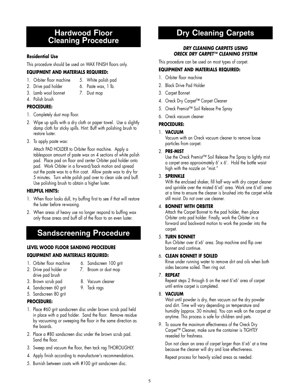 Ardwood, Loor, Leaning | Rocedure, Arpets, Andscreening | Oreck ORB480 User Manual | Page 5 / 8