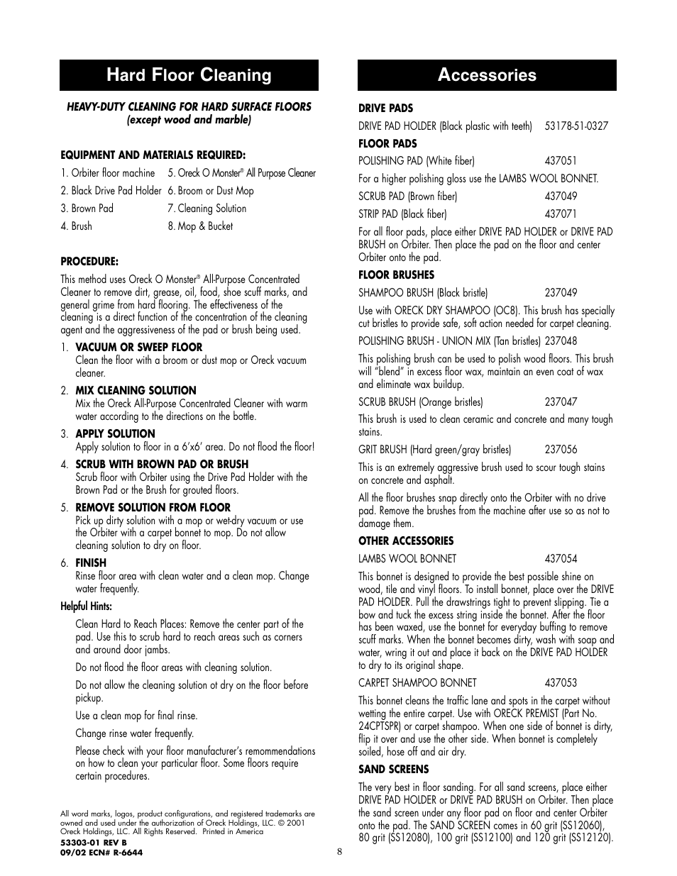 Ccessories, Loor, Leaning | Oreck ORB480 User Manual | Page 8 / 8
