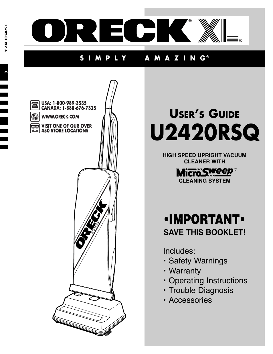 Oreck XL U2420RSQ User Manual | 8 pages
