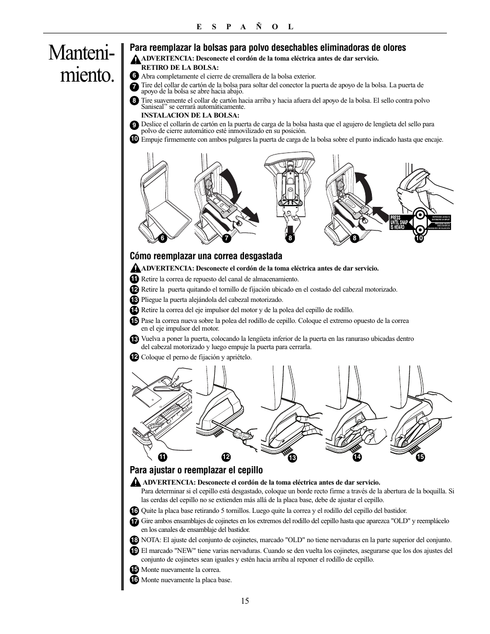 Manteni- miento, Para ajustar o reemplazar el cepillo | Oreck Powerful User Manual | Page 15 / 28