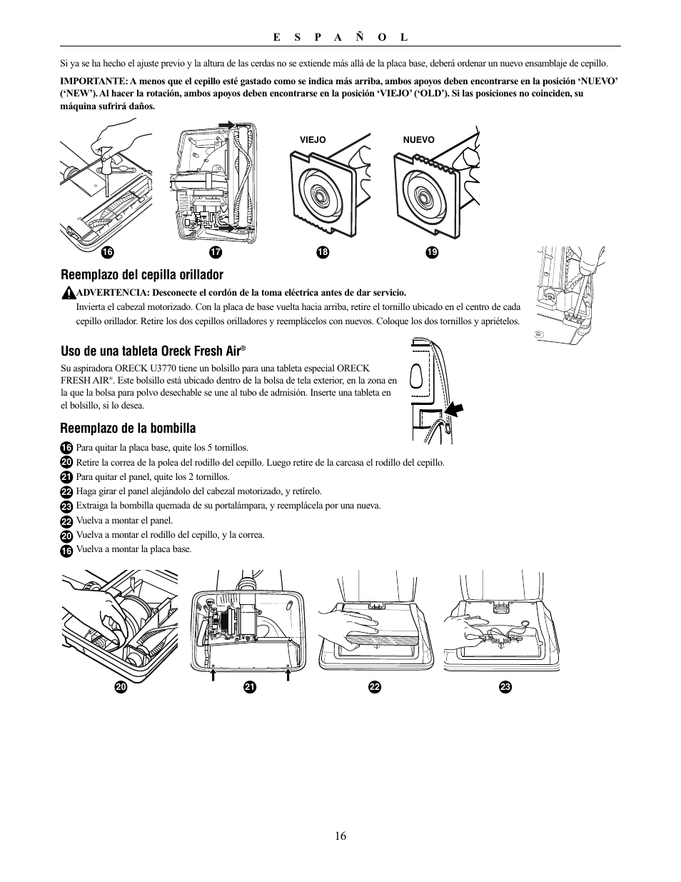 Reemplazo de la bombilla, Reemplazo del cepilla orillador, Uso de una tableta oreck fresh air | Oreck Powerful User Manual | Page 16 / 28
