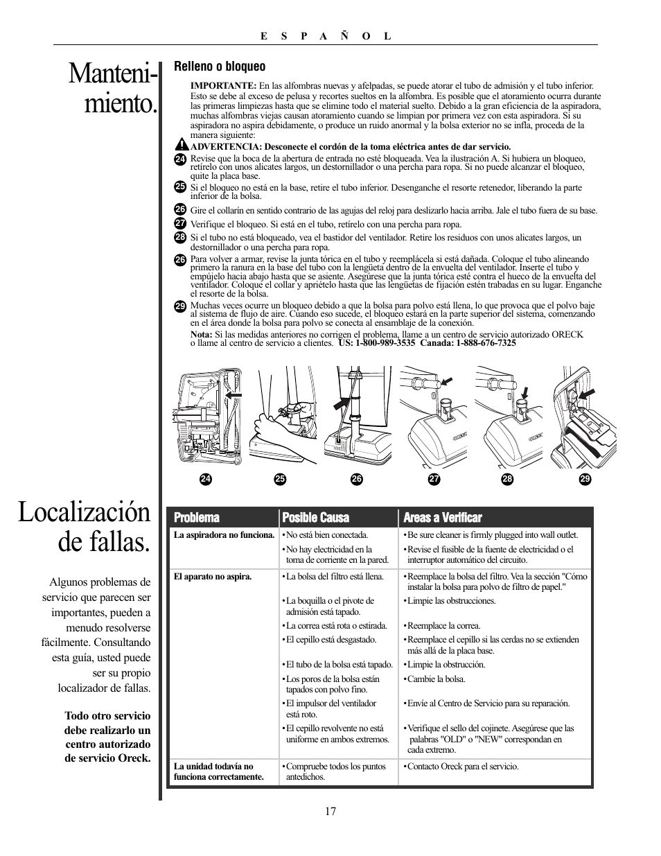 Manteni- miento, Localización de fallas | Oreck Powerful User Manual | Page 17 / 28