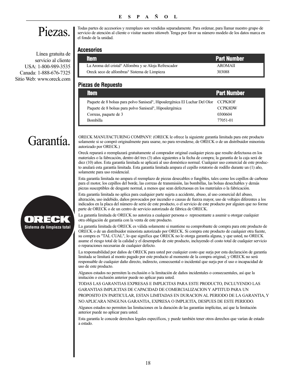 Piezas, Garantía | Oreck Powerful User Manual | Page 18 / 28