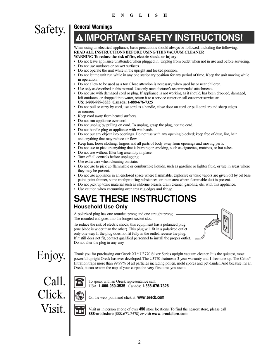 Safety, Enjoy. call. click. visit, Important safety instructions | Save these instructions, Other oreck accessories available at | Oreck Powerful User Manual | Page 2 / 28